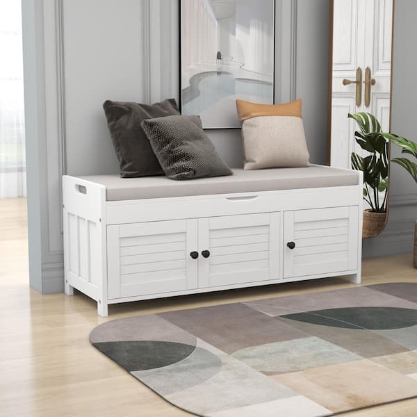 White Storage Bench with Removable Cushion and 3 Shutter-shaped Doors