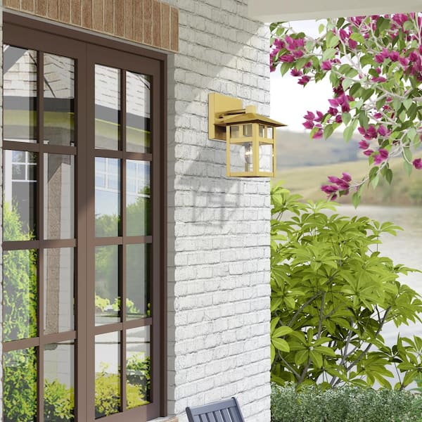 Crestlake 8.5 in. 1-Light Satin Gold Outdoor Hardwired Wall Lantern Sconce with No Bulbs Included