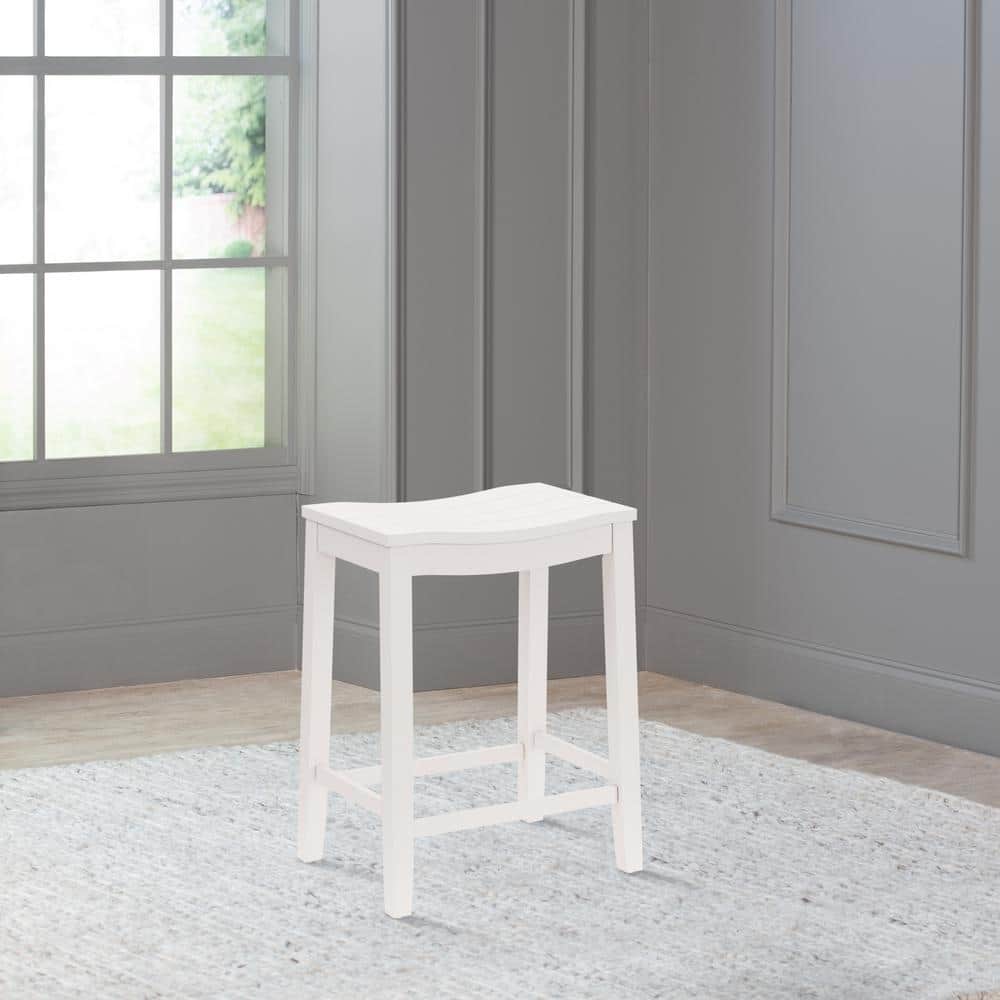 Coastal Charm White Wood Backless Saddle Counter Stool