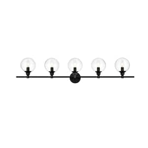 Simply Living 47 in. 5-Light Modern Black Vanity Light with Clear Round Shade