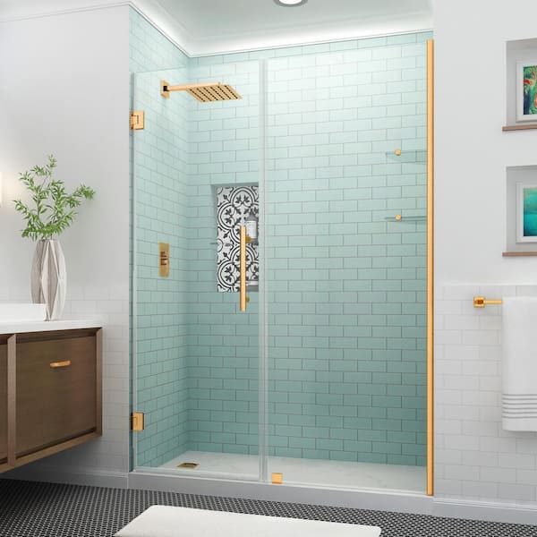 Aston BelmoreGS 52.25 in. to 53.25 in. W x 72 in. H Frameless Hinged Shower Door with Glass Shelves in Brushed Gold