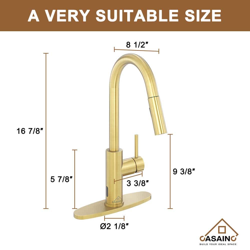 Brushed Gold Stainless Steel Pull-Down Kitchen Faucet with Infrared Sensor