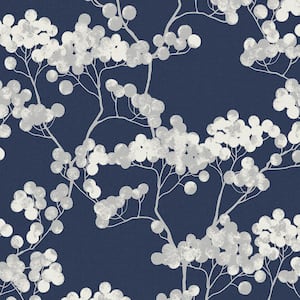 56 sq. ft. Navy Blue Bayberry Blossom Unpasted Wallpaper