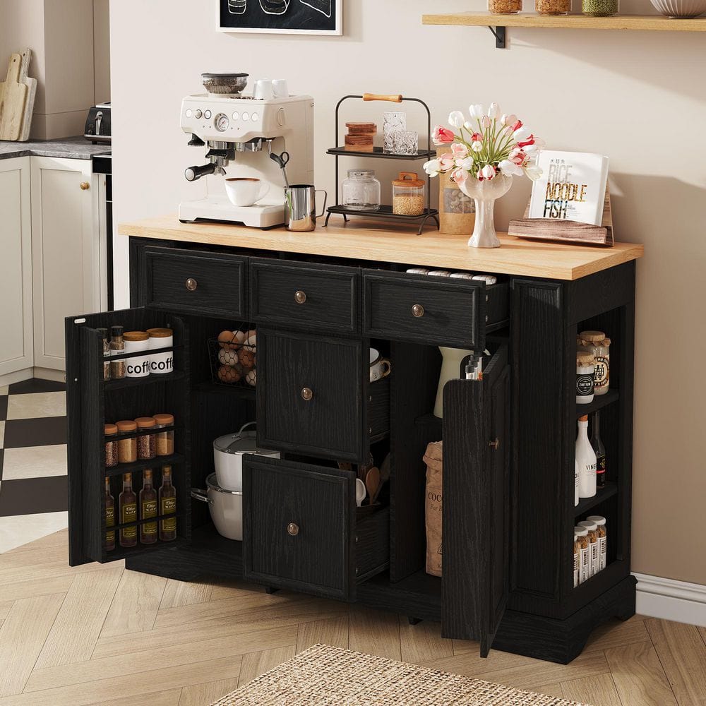 Black Wood 54 in. Sideboard Buffet with 5-Drawers,  2-Cabinets and Adjustable Shelves