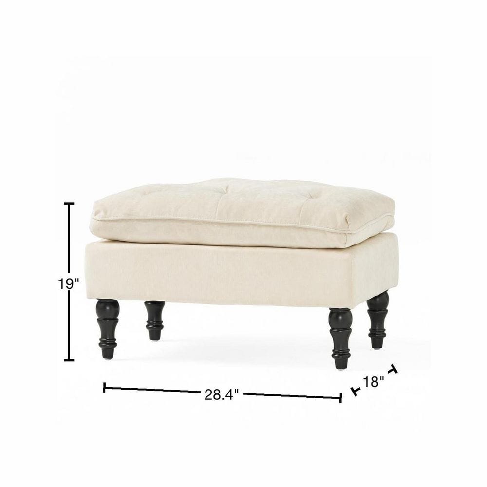 Cream Tufted Fabric and Wood Rectangular Ottoman