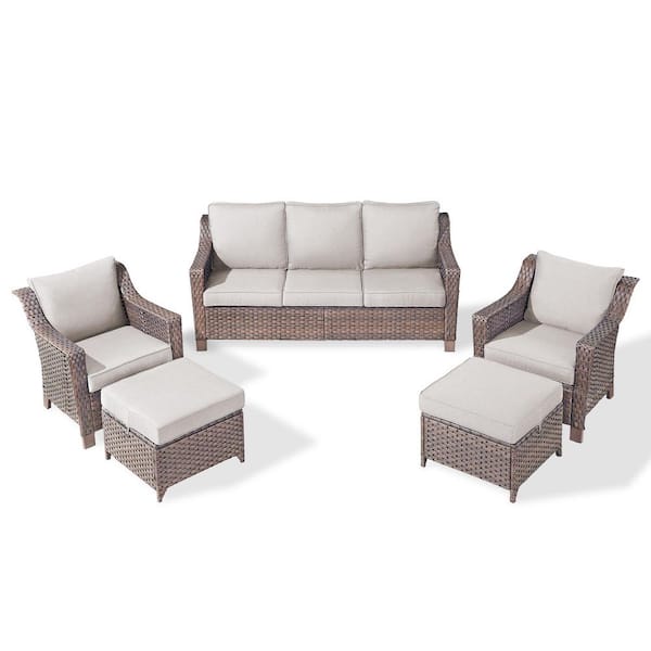 SlideArm Brown 5-Piece Wicker Armchairs Patio Conversation Set, Outdoor Sofa Seating Set with Olefin Beige Cushions