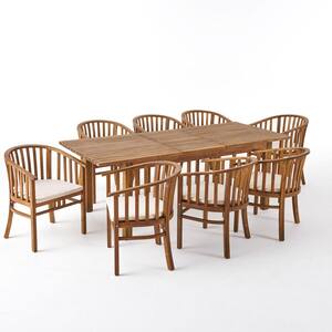 Alondra Teak Brown 9-Piece Wood Rectangular Outdoor Dining Set with Cream Cushions