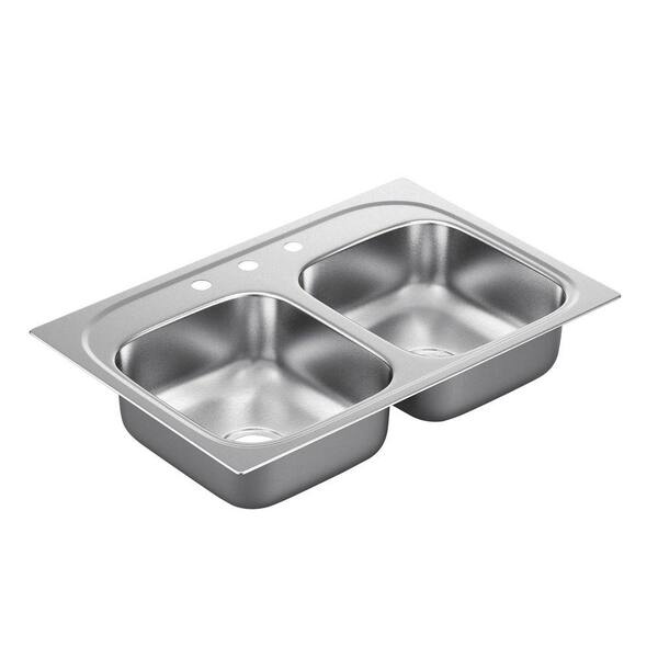 MOEN 2200 Series Drop-in Stainless Steel 33 in. 3-Hole Double Bowl Kitchen Sink