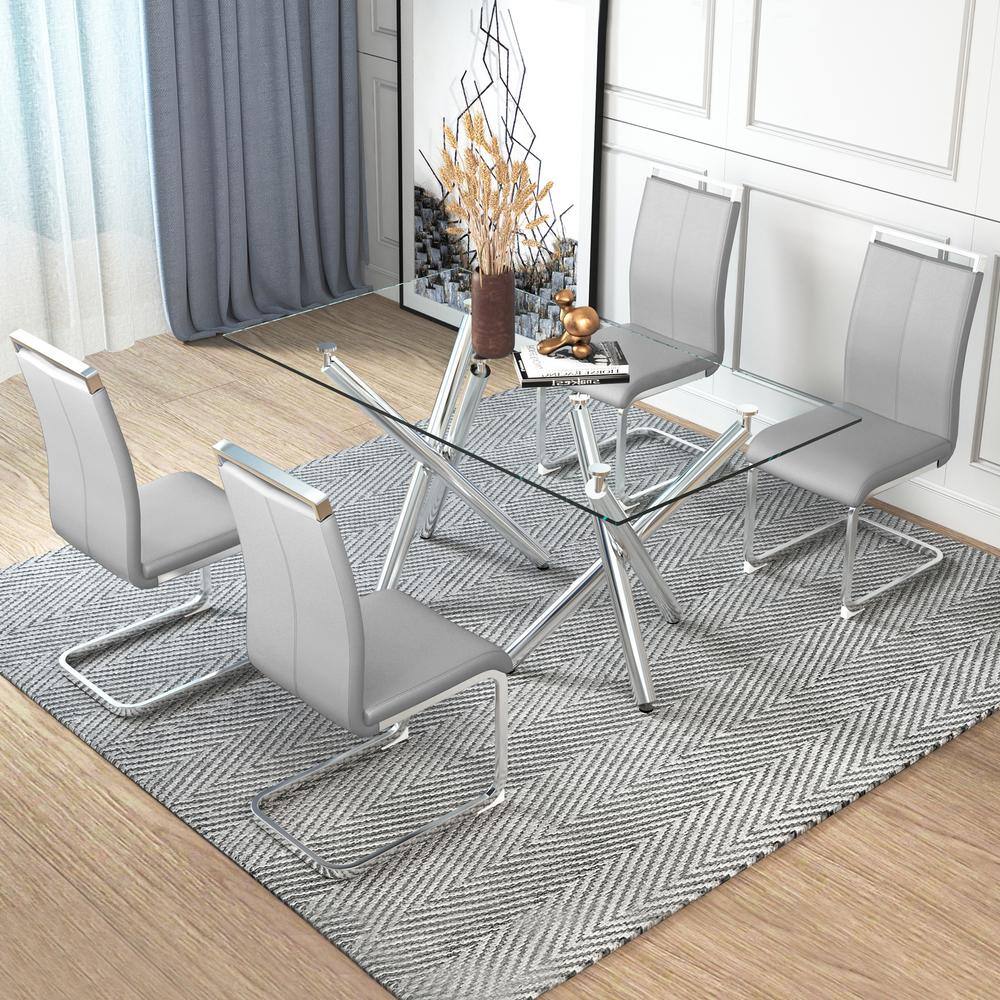 Light Gray Modern Dining Chairs, PU Faux Leather High Back Upholstered Side Chair with Cshaped