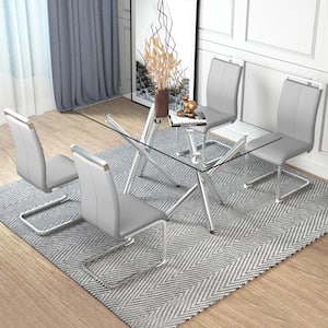 Light Gray Modern Dining Chairs, PU Faux Leather High Back Upholstered Side Chair with C-shaped Metal Legs(Set of 4)