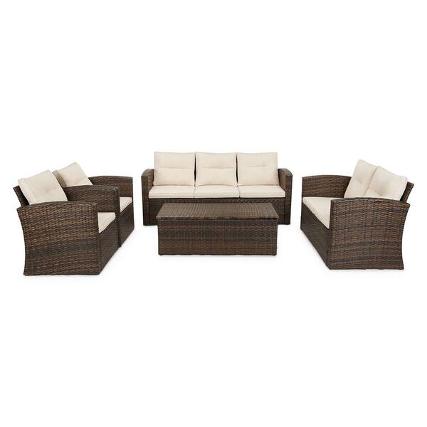 EDYO LIVING 5-Piece Wicker Patio Sectional Sofa Set with Beige Cushions