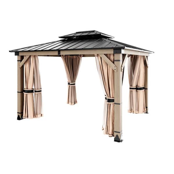 10 ft. x 12 ft. Outdoor Cedar Wood Frame Hardtop Gazebo with Galvanized Steel Roof, Netting and Curtains