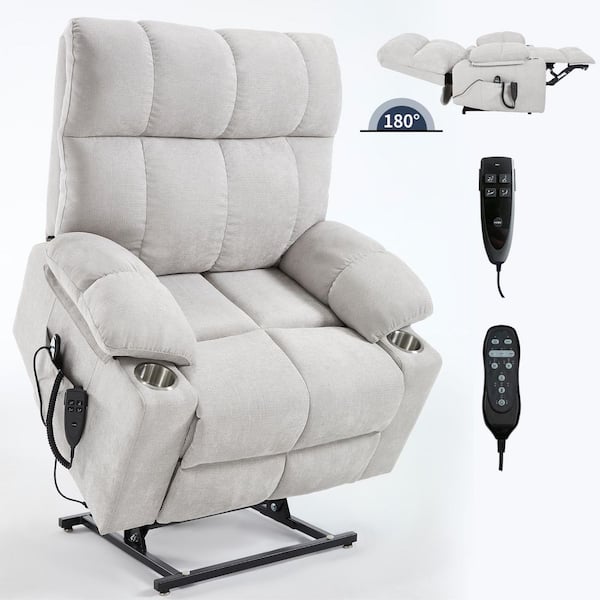Beige Dual-Motor Chenille Power Lift Recliner with 8-Point Vibration Massage, Lumbar Heating and Dual Cup Holders