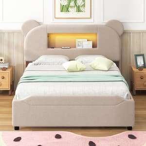Beige Wood Frame Full Size Platform Bed with Cartoon Ears Shaped Headboard, LED and USB