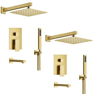 10 in. Square Rainfall Double Handles 3-Spray Tub and Shower Faucet 2.5 GPM in Brushed Gold Valve Included
