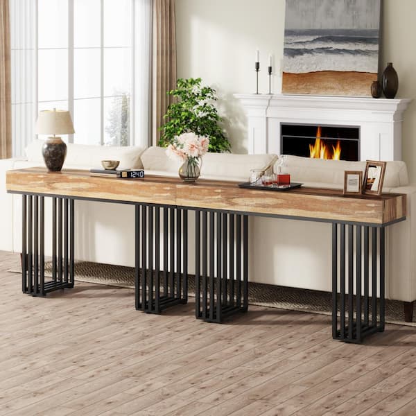 BYBLIGHT Turrella 55.12 in. Oak Hallway Table with Metal Frame, Rectangle Wood Console Table Sofa Table for Living Room, Entrance