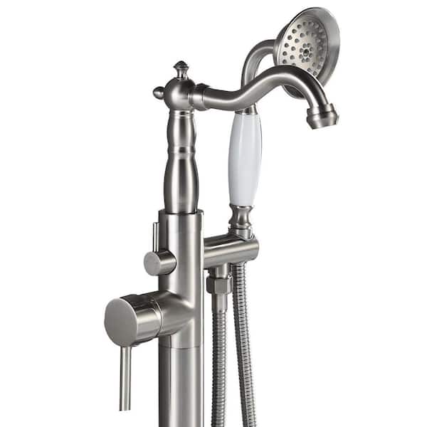 Single-Handle Floor-Mount Roman Tub Faucet with Hand Shower in Brushed Nickel