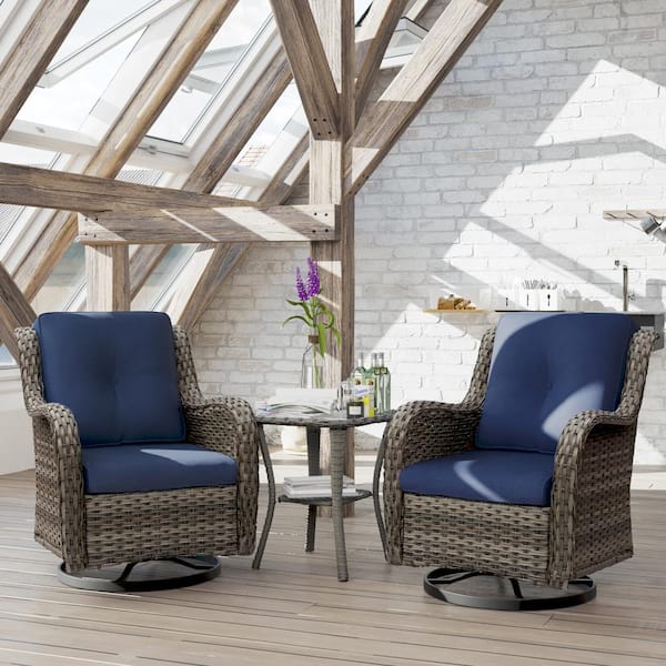 JOYSIDE - 3-Piece Wicker Swivel Outdoor Rocking Chairs Patio Conversation Set with Blue Cushions