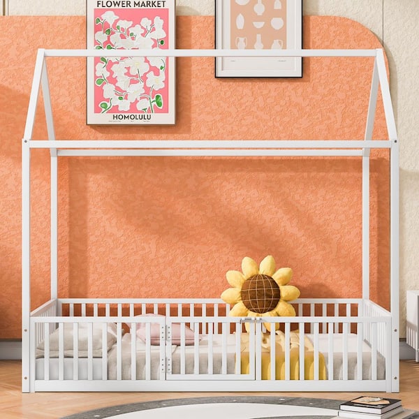 White Metal Frame Twin Platform Bed with Fence and Door