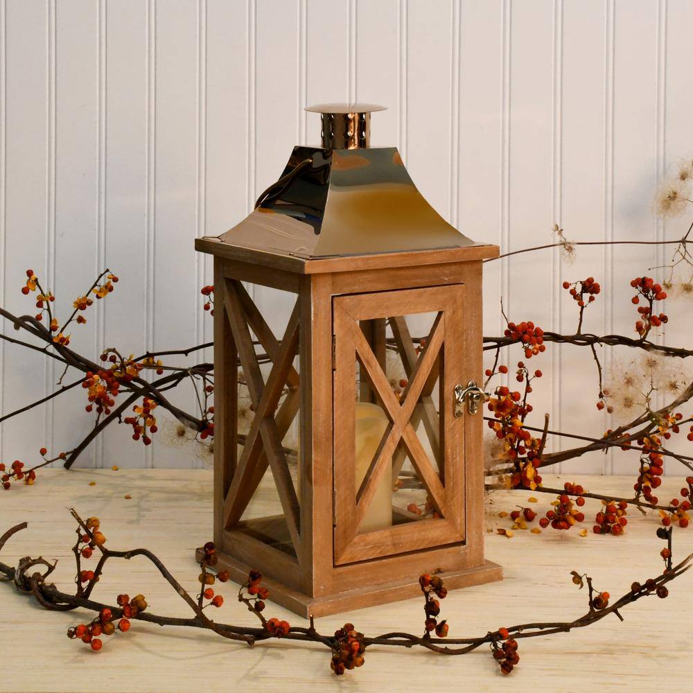 Natural Wood Hanging Lantern with Copper Roof and LED Candle