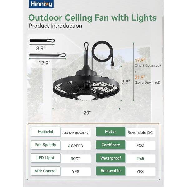 Lumcool 20\" Waterproof Gazebo Fan Outdoor Hanging, IP55 Wet Rated, Remote&Smart App Control, Hook Mount Corded Fandelier Ceiling Fan With 3CCT Dimmable LED Light, Plug In Caged Fan For Patios Pergola