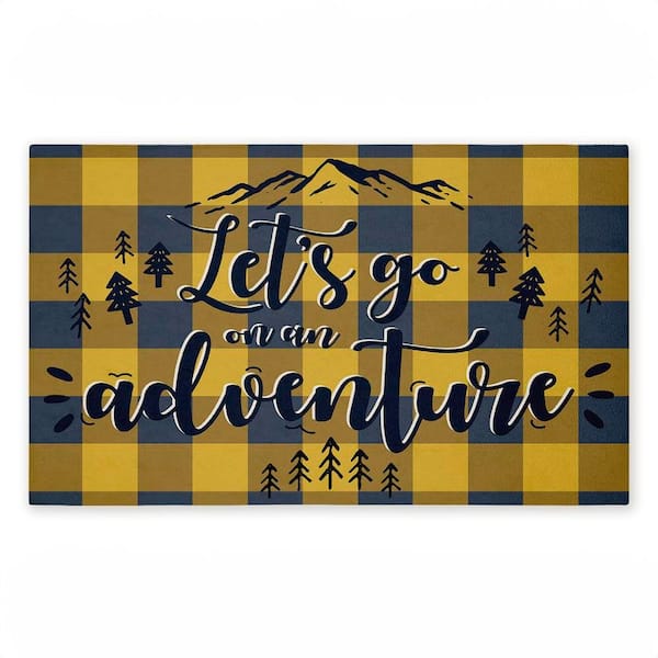 Let's Go Adventure Yellow Plaid Blue 18 in. x 30 in. Polyester Non-Slip Outdoor Door Mat