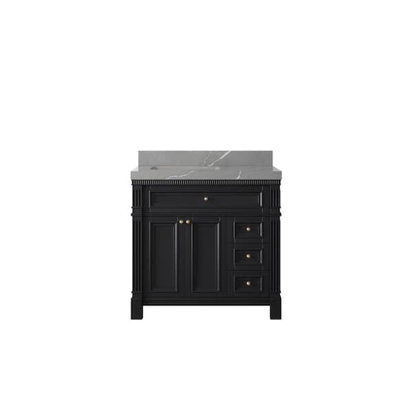 Willow Collections Paris 36 in. Left Offset Sink Freestanding Black Bath Vanity with Piatra Gray Qt. Top Unassembled