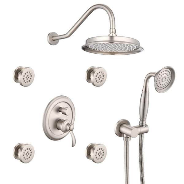 Satico 4-Spray Patterns with 2 GPM 9 in. Wall Mount Rain Fixed Shower Head with Body Jet Handshower in Brushed Nickel