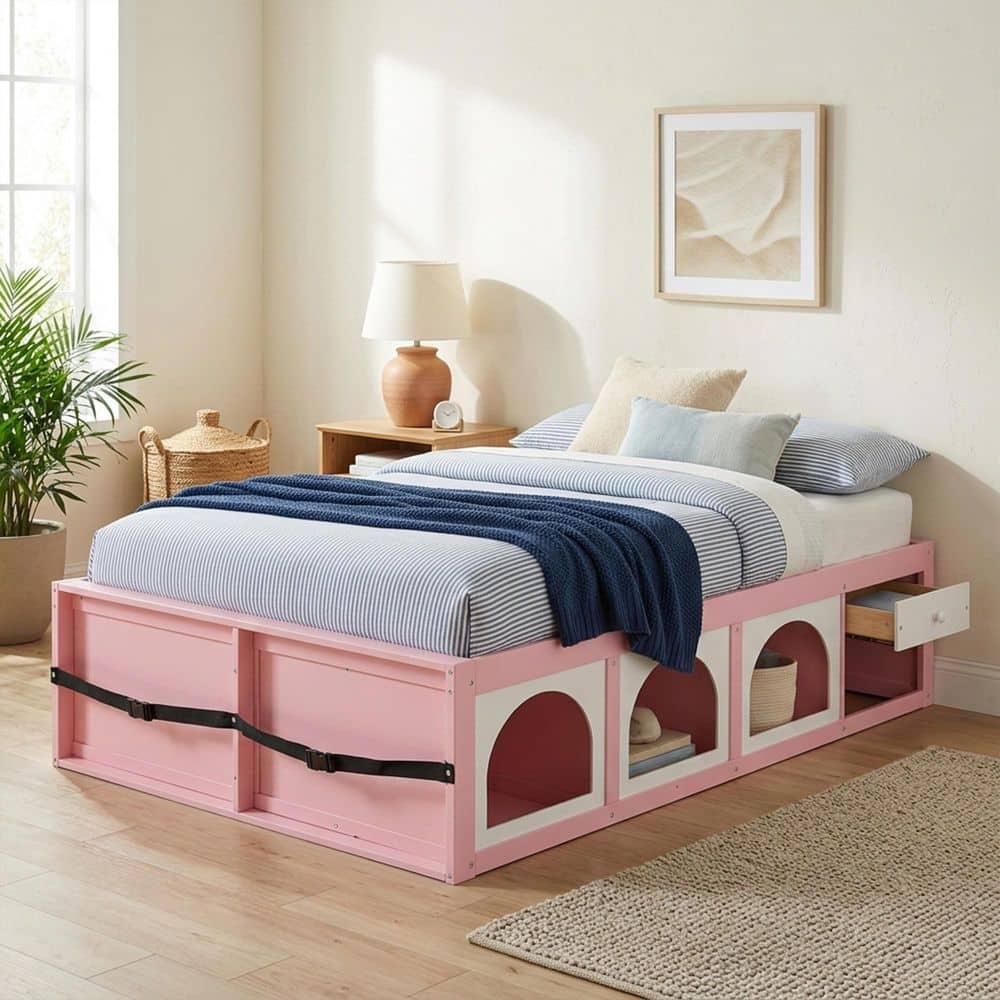 Full Size Platform Bed Frame with Storage Cubbies and Drawer, No Headboard Wood Bed, Kids Teen Bedroom Furniture, Pink price history on PriceWatchPro