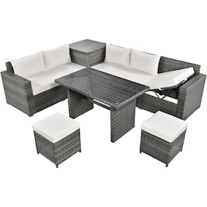 6-Piece Wicker Rattan Outdoor Sectional Sofa with Adjustable Seat and Cushions in Beige