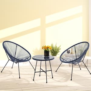 3-Piece All-Weather Navy Blue Woven Outdoor Acapulco Chair Bistro Set (Set of 2 Chairs and 1 Glass Top Table)