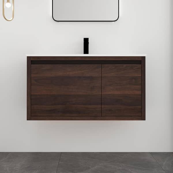 36 in. W x 18 in. D x 20 in. H Floating Bath Vanity in California Walnut with White Sink
