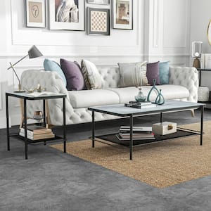 Mount Olive 2-Piece 47.75 in. Black and White Faux Marble Coffee Table Set with Open Shelf