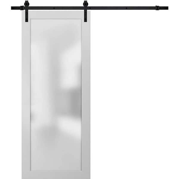 2102 32 in. x 80 in. 1-Panel 1 Lite Frosted Glass White Finished Solid Pine Wood Sliding Barn Door with Hardware Kit