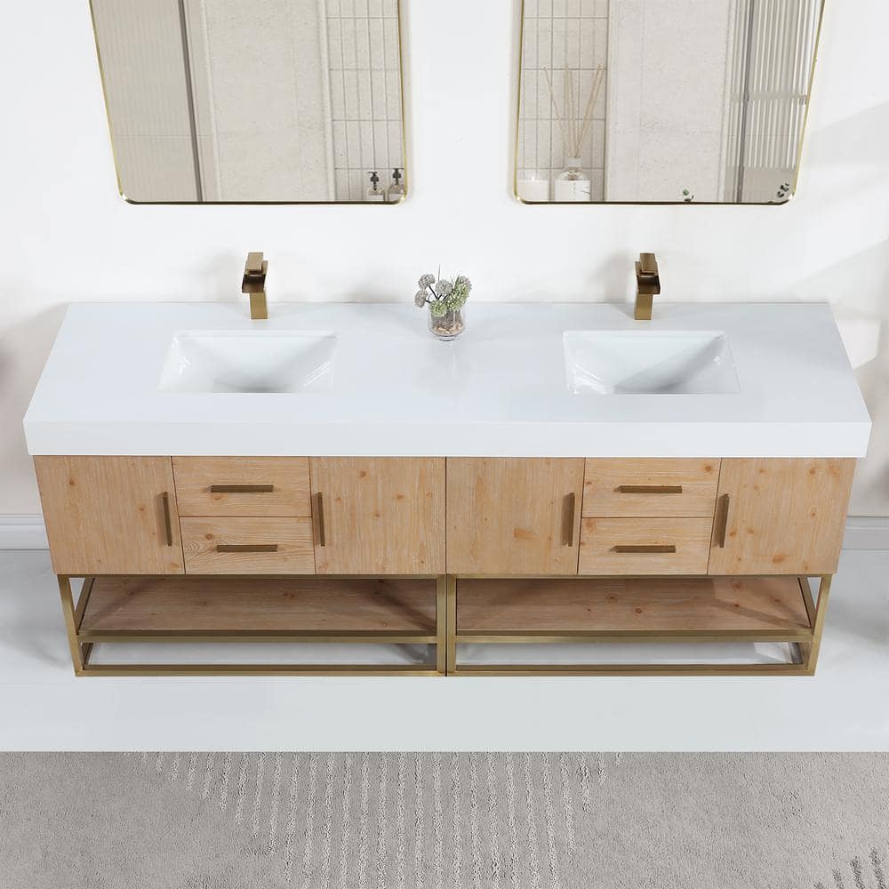 Bianco 84" Light Brown Wood Vanity with Composite Stone Top