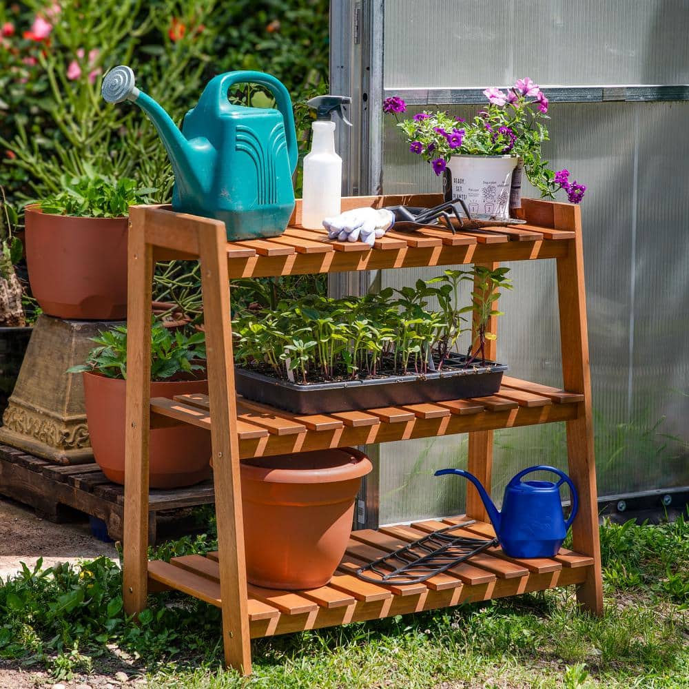 Brown Meranti Wood 3-Tier Outdoor Garden Shelf with Teak Oil Finish