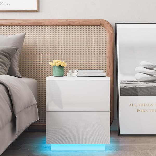 WOODYHOME 2-Drawer LED White Nightstand 21.7 in. H x 17.7 in. W x 15.7 in. D