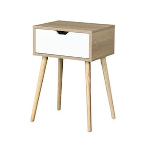 15.7 in. White Wood Side Table with 1 Drawer, Rubber Wood Legs, Mid-Century Living room End Table Nightstand for Bedroom