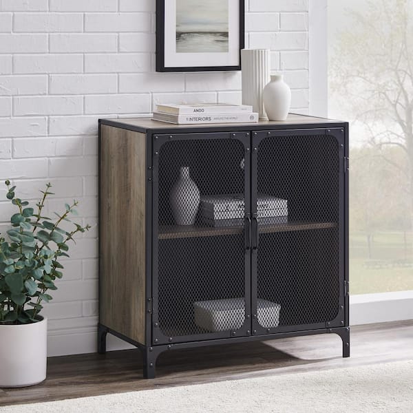 Walker Edison Furniture Company 30 in. Grey Wash Industrial Accent Cabinet with Mesh
