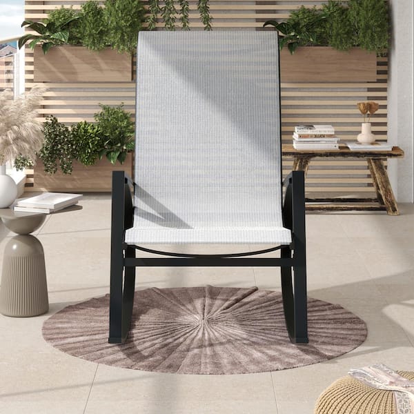 CORVUS Antonio Black Metal Outdoor Rocking Chair with Gray Stripe