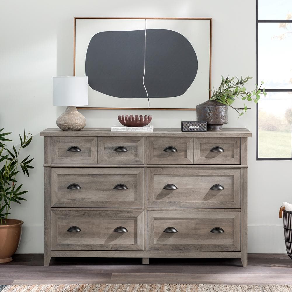 Welwick Designs Farmhouse Grey Wash 6-Drawer 52 in. W Dresser with Faux ...