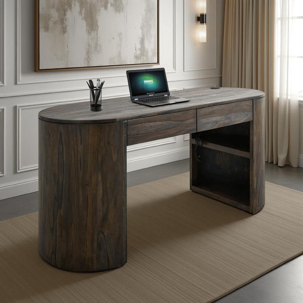 Eray 23.25 in. Oval Black Wood 2-Drawer Writing Desk with USB Ports