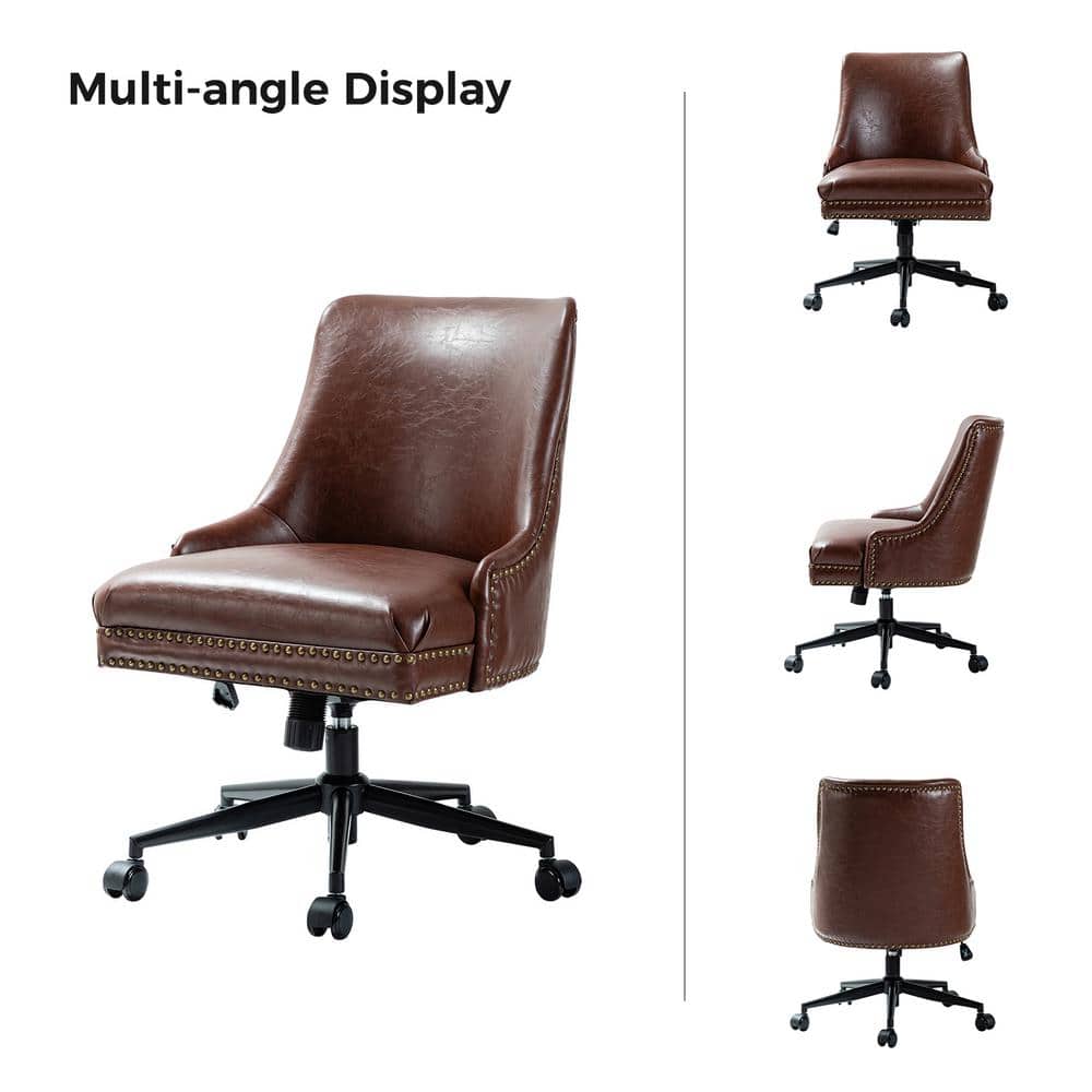 Taurino Contemporary Brown Leather Swivel Height-adjustable Task Chair with Nailhead Trim - Thumbnail 3