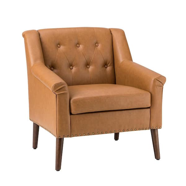 JAYDEN CREATION Nycteus Camel Vegan Leather Armchair with Nailhead Trim
