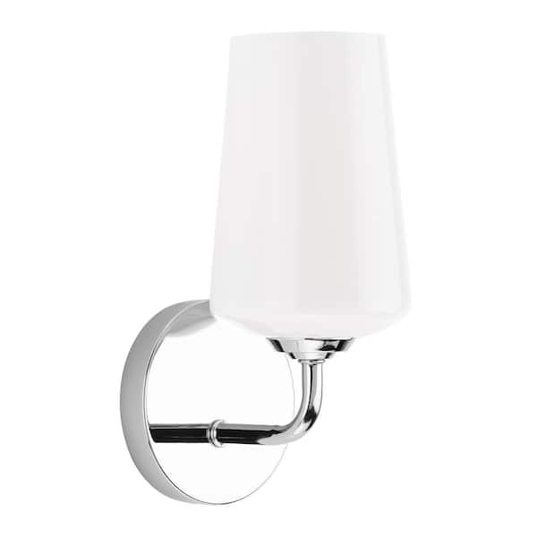 Celino 5 in. 1-Light Polished Chrome Bathroom Wall Sconce Light with White Glass Shade