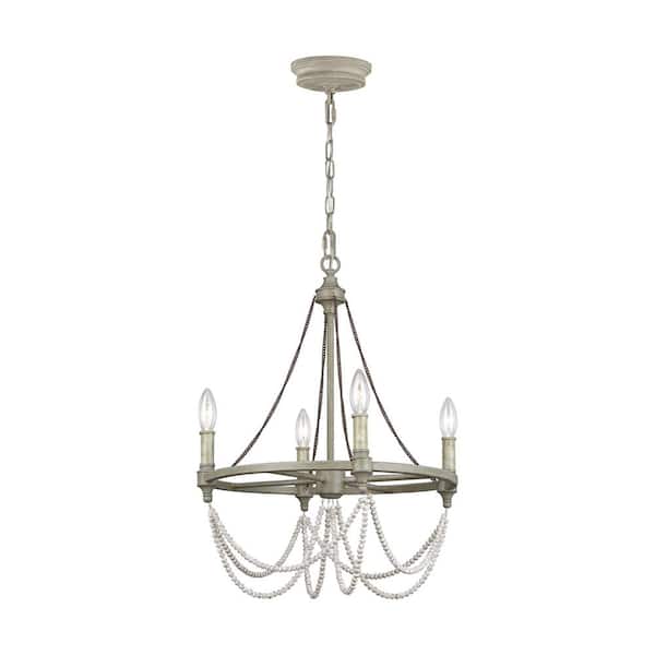 Generation Lighting Beverly 4-Light French Washed Oak and Distressed White Wood Beaded Wagon Wheel Farmhouse Hanging Candlestick Chandelier