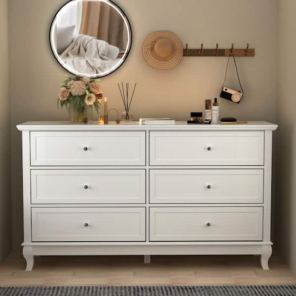 FUFU&GAGA 6-Drawers White Wood Chest of Drawer Storage Cabinet Organizer 55.1 in. W x 15.7 in. D x 31.5 in. H