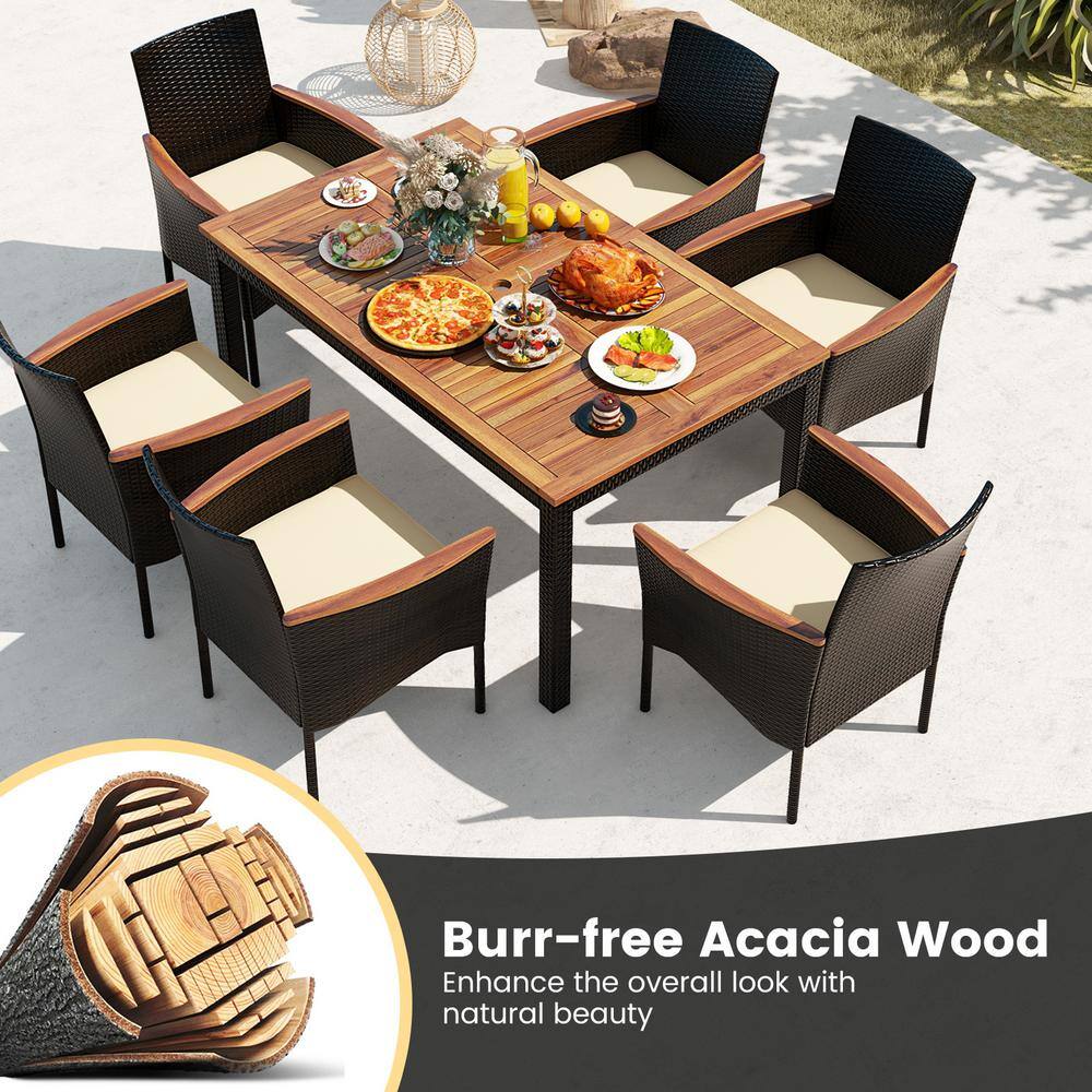 7-Piece Brown Acacia Wood and Rattan Dining Set with Beige Cushions