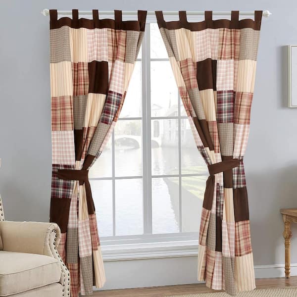 Cozy Line Home Fashions Brody Brown Plaid Stripe Patchwork Brown Rod Pocket Window Curtain Panel/Drapes (2 Piece) with Tie Backs