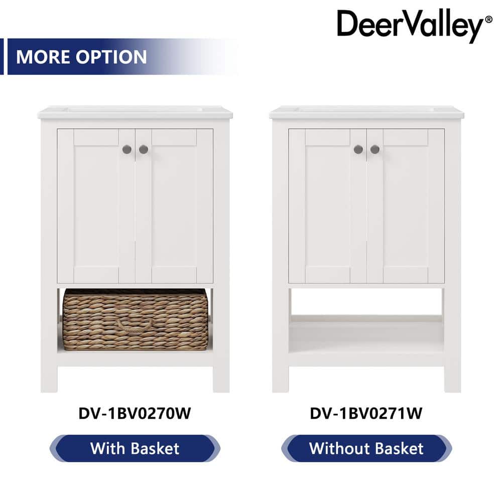 24" White Solid Wood Freestanding Bathroom Vanity with Ceramic Sink
